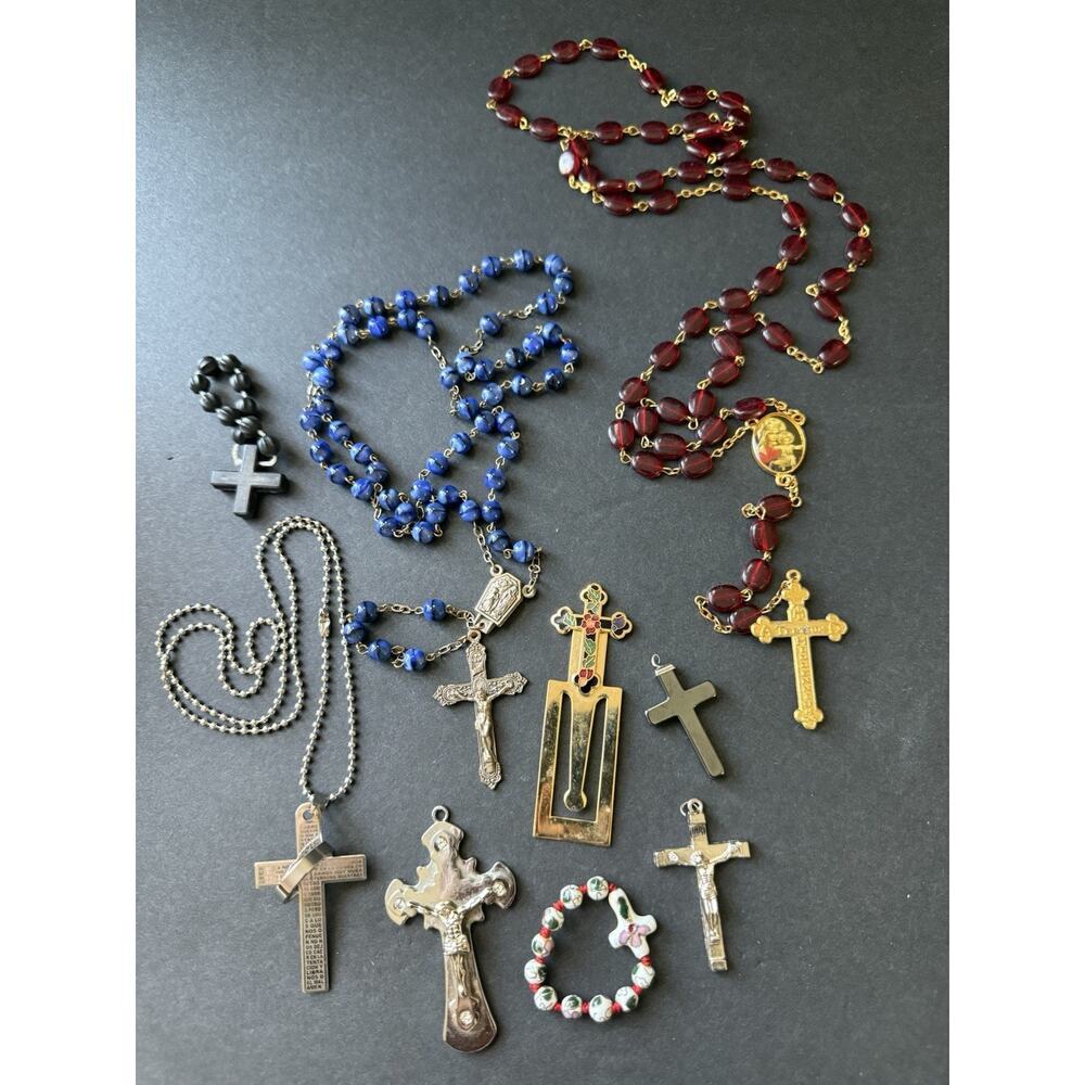 Vintage Cross Rosary Bundle Lot Religious Cross Crucifix Beaded (9)